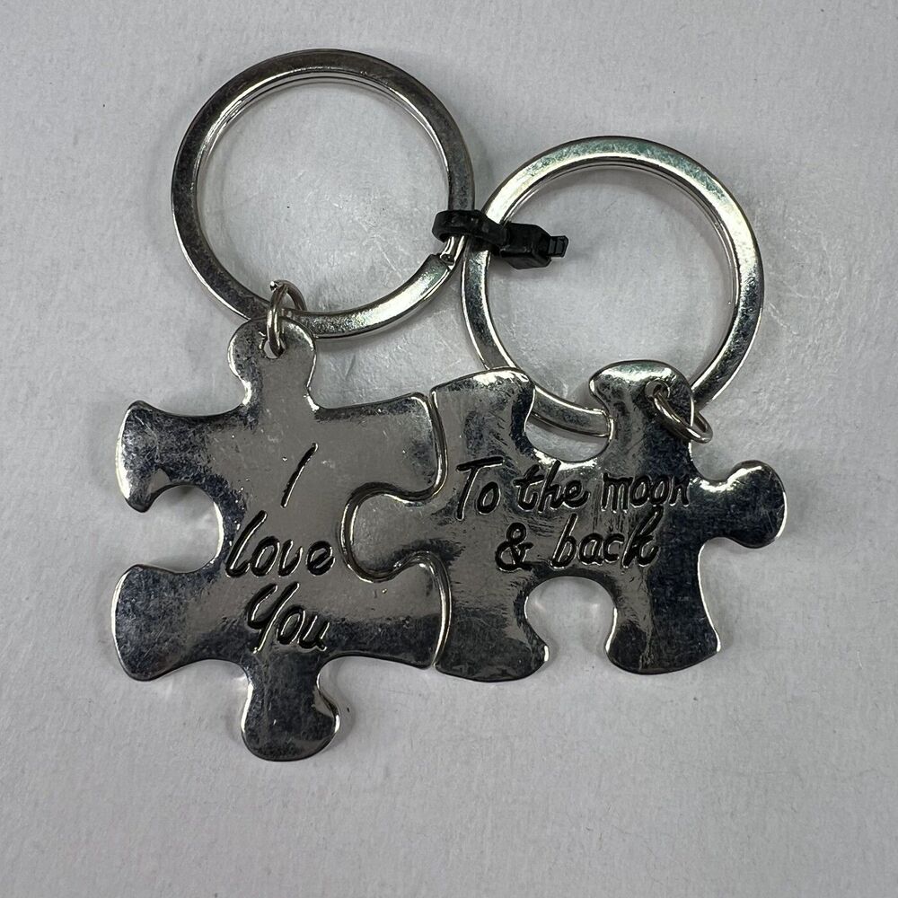 Vintage I Love You To The Moon & Back His and Her Keychain Puzzle Pieces 1.5"